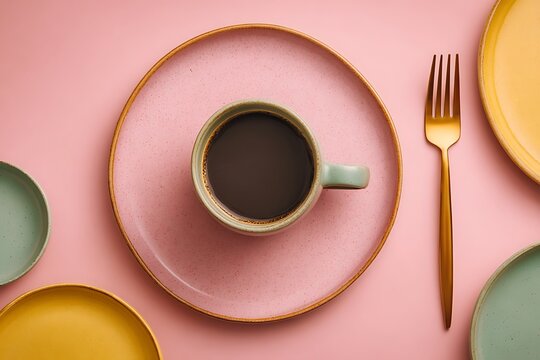 A minimalist flat lay featuring a cup of black coffee on a pink plate surrounded by colorful ceramic tableware.