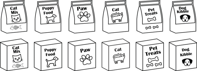 Pet food package line icon set. Cat and dog kibble bag cardboard box vector, nutrition treats shop supply sign, animal dry feed pouch silhouette for veterinary care isolated on transparent background. © M