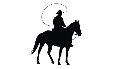 Naklejka premium Cowboy sits on a horse while holding a rope to perform his daily work at the rural ranch area.
