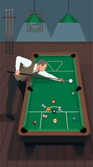 Man Concentrating on Cue Ball at Pool Table with Emerald Green Felt, Billiards Game in Progress with Multiple Colored Balls, Dimly Lit Bar Interior with Overhead Lamps and Cue Sticks © Restistudio