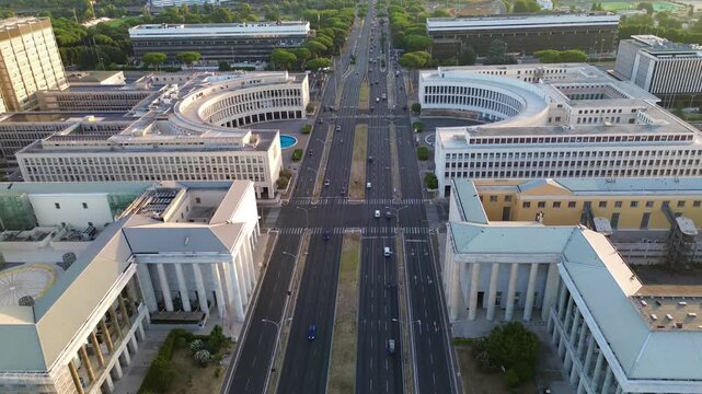 Aerial drone view of the Square Colosseum and Palazzo della Civilta Italiana in the EUR district, Rome, Italy