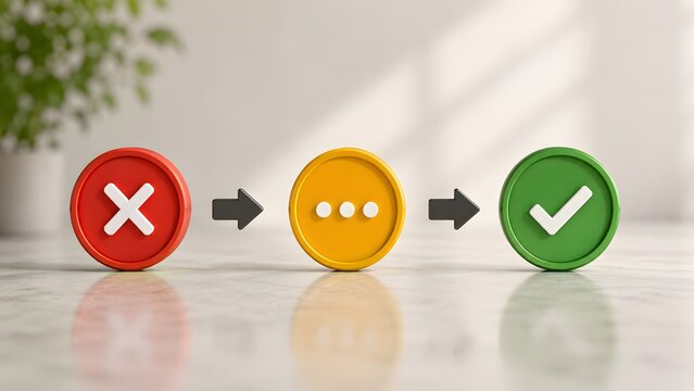 Decision making process concept featuring red cross, yellow loading dots and green checkmark icons representing workflow evaluation and project approval.