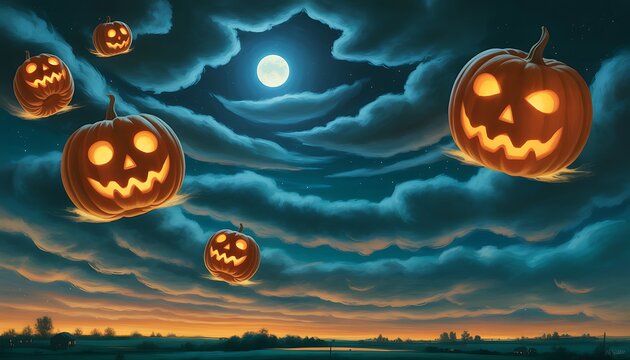 Magical halloween night floating jack o' lanterns under a full moon