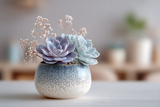 A beautiful arrangement of purple and blue succulents with delicate white flowers in a stylish speckled ceramic pot.