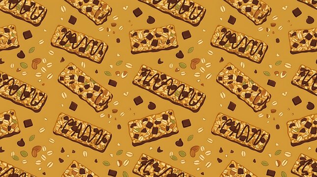 Seamless pattern of granola bars with chocolate chips and oats