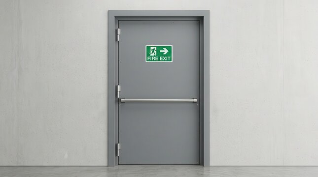 Grey metal fire exit door with panic bar on a concrete wall