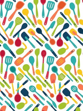 Colorful kitchen tool pattern with various cooking utensils