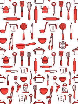 Seamless pattern of red kitchen utensils and cooking equipment