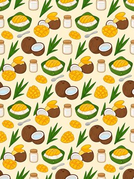 Thai mango sticky rice and coconut dessert seamless pattern