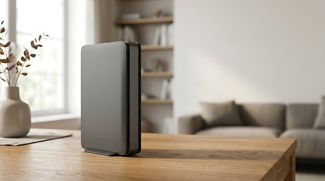 Portable external hard drive on wooden table in modern living room interior