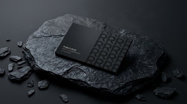 Minimalist matte black business card with pattern design resting on slate stone in dark room.