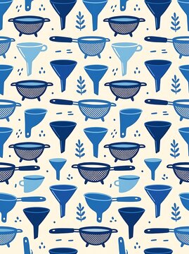 Hand drawn kitchen utensils seamless pattern in shades of blue