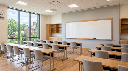 Fototapeta premium Empty classroom with whiteboard. Unoccupied school room with desks