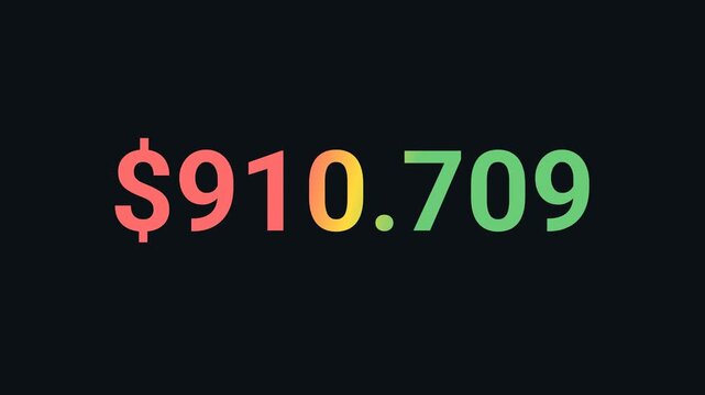 A close-up view of a monetary amount displayed on screen with colorful text.