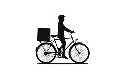 Obraz premium Delivery cyclist rides a bicycle with a large cargo box attached to the back for urban food transit.