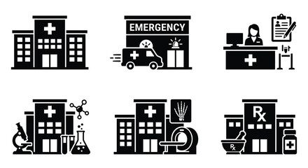 Fototapeta premium Medical Facility Icons Black Vector Silhouettes On White Background