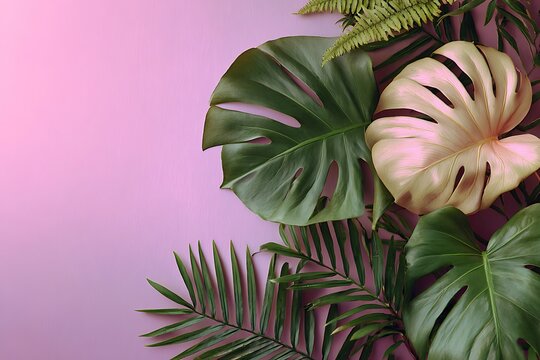 A beautiful flat lay composition of tropical monstera and palm leaves on a soft pink background with copy space.