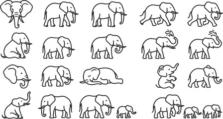 Obraz premium Minimalist vector graphic illustration collection featuring various cute elephant poses such as walking standing sitting and playing in black outlines on a clean white background for diverse creative 