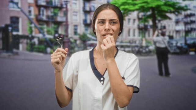 Hispanic beautician woman holding eyelash curler and biting fingernail on street; anxiety uncertainty.