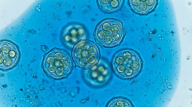 Microscopic view of green algae cells in blue liquid solution