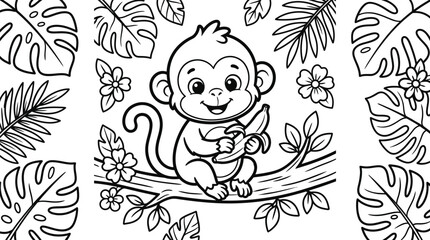 Cute little monkey character holding a delicious yellow banana while sitting on a sturdy tropical tree branch in this clean black and white vector illustration designed for children coloring books © saif