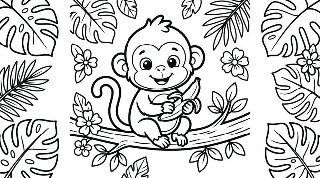 Cute little monkey character holding a delicious yellow banana while sitting on a sturdy tropical tree branch in this clean black and white vector illustration designed for children coloring books