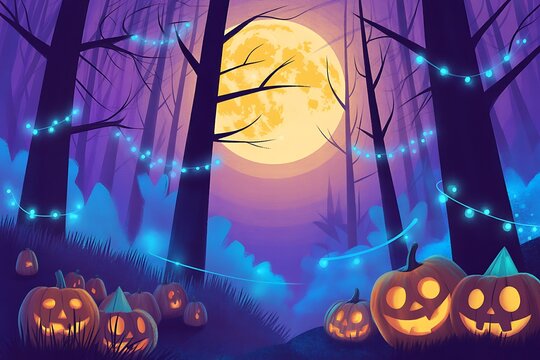 Spooky halloween forest scene with jack o' lanterns and full moon
