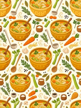 Seamless pattern of homemade chicken noodle soup and fresh ingredients