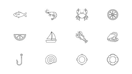 Fototapeta premium A collection of seafood and ocean-related illustrations including a fish, shrimp, crab, and various nautical icons.
