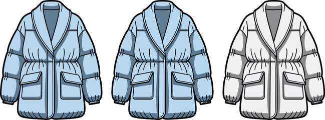 Technical fashion illustration of three women's puffer coats in various colors © MSTRUBINA