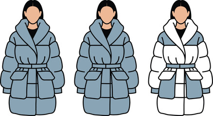 Winter coat fashion illustration three styles in blue and white © MSTRUBINA