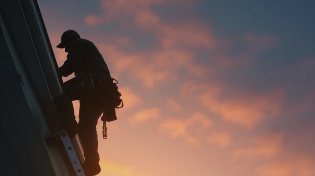 Silhouette of a technician on a roof at sunset, suggesting bat exclusion, attic inspection, and humane wildlife removal.