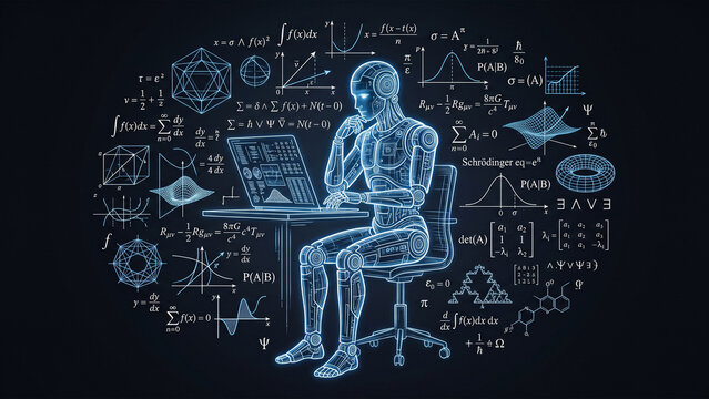 AI Humanoid Robot Researching Mathematical Formulas on Computer (61 characters)
