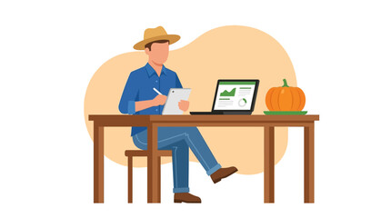 Fototapeta premium Man sits at desk with laptop and notebook, wearing hat, with pumpkin nearby indoors