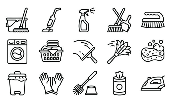 Set of black and white line icons representing various household cleaning tools and laundry equipment for daily home maintenance chores tasks