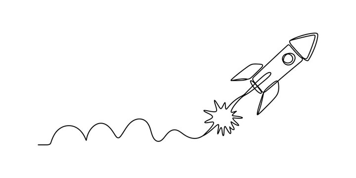 Continuous single line drawing of a flying space rocket ship