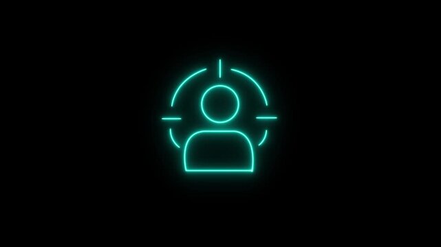 Binga Neon Target Audience Icon Looping and Black Background, Minimalist Neon User Avatar with Radar Target Symbol Animation
