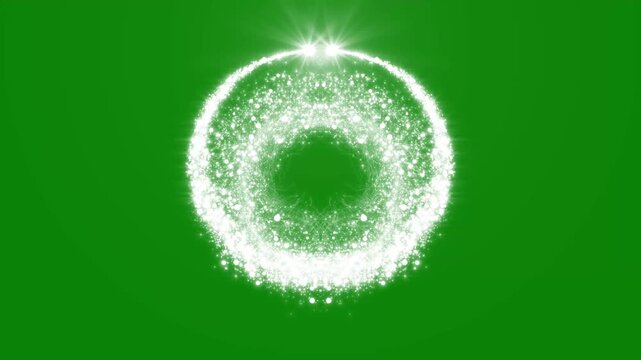 Glowing white particle ring expanding with double lens flares on a green background