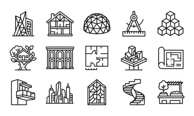 Set of thin line architecture icons featuring urban buildings house blueprints structural design elements domes geometric shapes and construction planning tools © Risfat