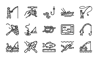 Set of thin line fishing icons featuring anglers boats fishing gear hooks nets knots fish scales and underwater spearfishing equipment elements © Risfat