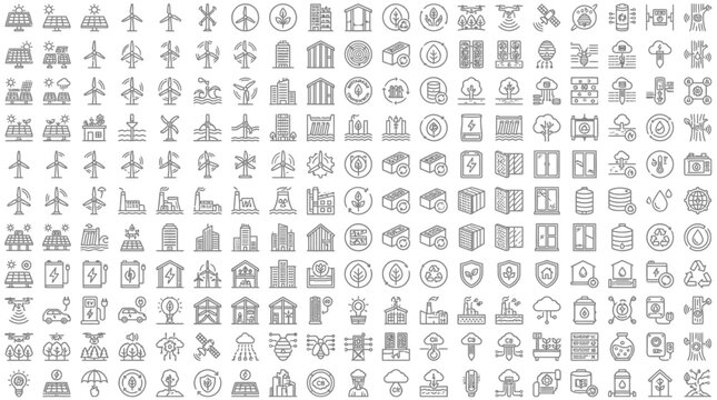 A large collection of various gray icons is displayed densely on a white background.