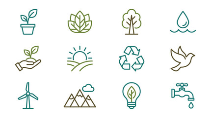 Fototapeta premium Professional Minimalist Line Icons Set Featuring Eco Friendly and Nature Themed Illustrations in Green and Teal