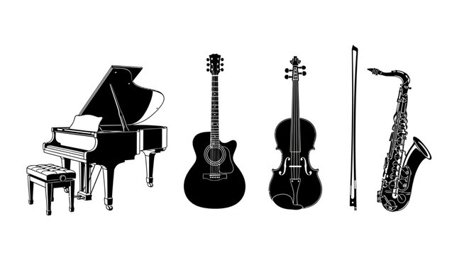 Black and white illustration of various musical instruments with illustration grand piano acoustic guitar violin violin bow saxophone classical