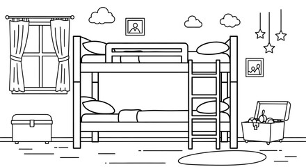 Bunk beds in a children's room with trunk with line drawing children illustration furniture interior sleeping window decor kids home © Asim