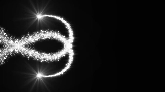 Glowing white particle trails crossing to create a magical triple loop on black background