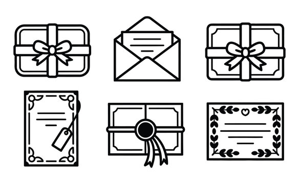 Set of six minimalist line art icons representing gifts envelopes and certificates isolated on transparent background