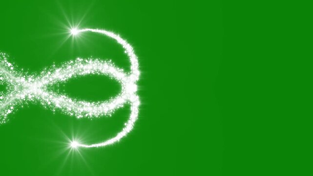 Glowing white particle trails crossing to create a magical triple loop on green background