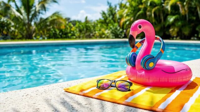Pink flamingo inflatable pool float with headphones on edge by swimming pool. Tropical summer vacation setup with beach towel and sunglasses. Relaxation and leisure concept for hot weather fun