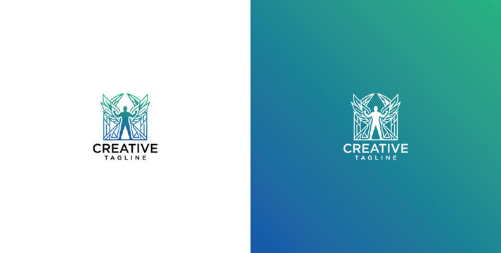 Abstract human silhouette integrated into digital network grid logo representing innovation and technology connectivity