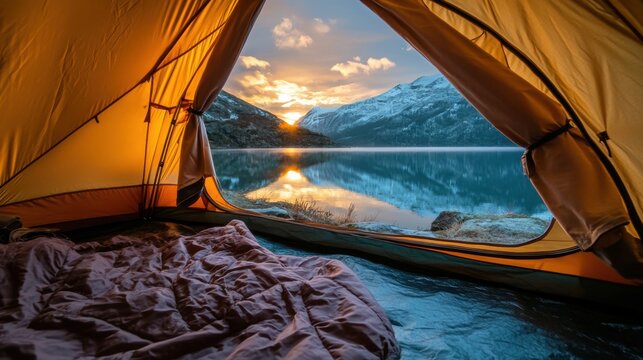 View from inside a tent at a mountain lake during sunrise